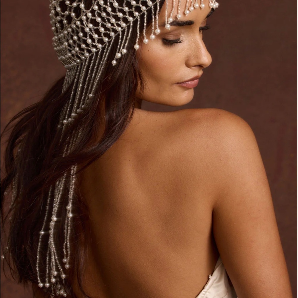 12th Tribe Silver Pearl Beaded Fringe Headpiece